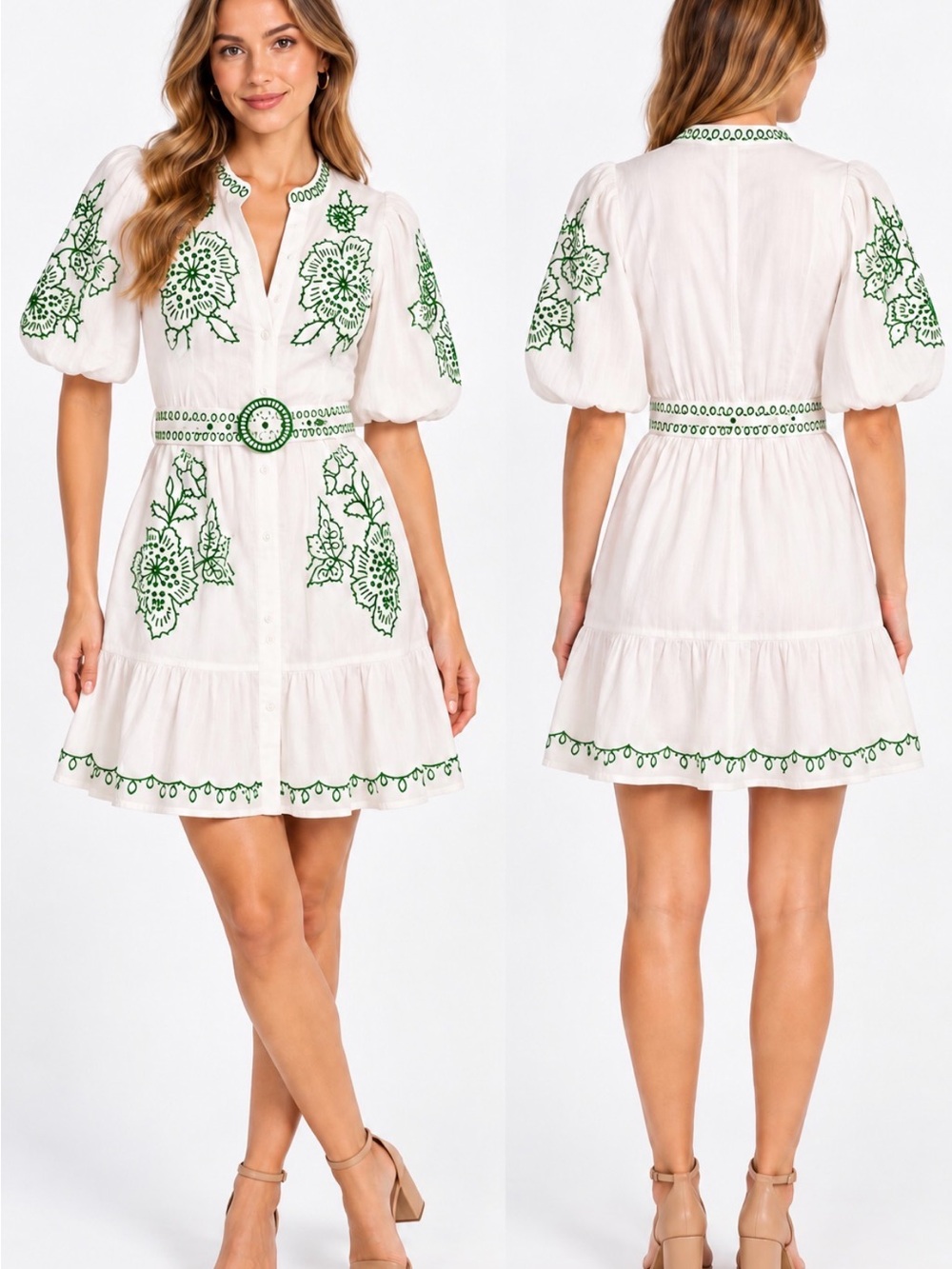 Eliza J Size 8 White Green Embroidered Floral Belted Mini Dress